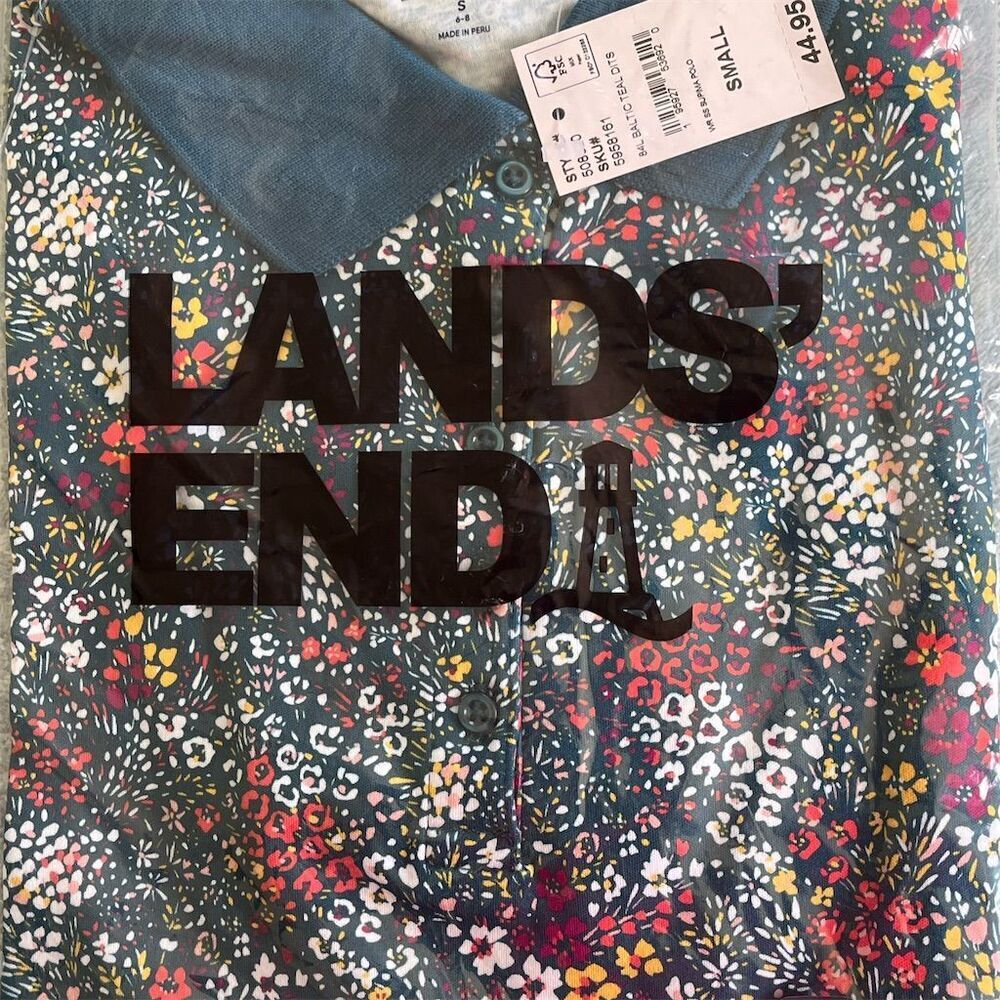 Lands' End Women's Floral Print Polo Shirt Blue Standard Size S​​